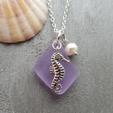 Hawaiian Sea Glass Necklace, "Magical Color Changing" Purple Necklace Pearl Seahorse Necklace Sea Glass Birthday Gift (February Birthstone)