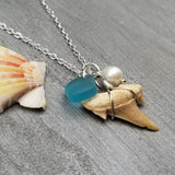 Hawaii Jewelry, Seal Glass and Real Shark Tooth Necklace, Natural Pearl, Unique Gift and Conversation Piece, FREE Gift Wrap