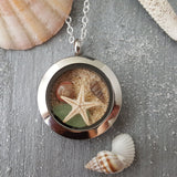 Hawaii Memory Locket, natural sea glass, Beach Sand, a Starfish, an Auger Shell and a Button shell, stainless steel locket, FREE Gift Wrap