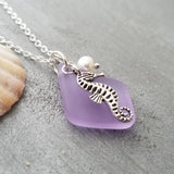 Hawaiian Sea Glass Necklace, "Magical Color Changing" Purple Necklace Pearl Seahorse Necklace Sea Glass Birthday Gift (February Birthstone)