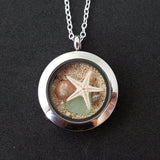 Hawaii Memory Locket, natural sea glass, Beach Sand, a Starfish, an Auger Shell and a Button shell, stainless steel locket, FREE Gift Wrap