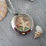Hawaii Memory Locket, natural sea glass, Beach Sand, a Starfish, an Auger Shell and a Button shell, stainless steel locket, FREE Gift Wrap