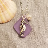 Hawaiian Sea Glass Necklace, "Magical Color Changing" Purple Necklace Pearl Seahorse Necklace Sea Glass Birthday Gift (February Birthstone)