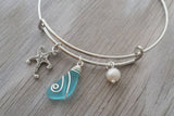 Handmade in Hawaii, wire wrapped blue sea glass bracelet, Sea glass jewelry, Starfish charm, Fresh water pearl, Hawaiian jewelry.