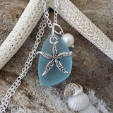 Hawaiian Jewelry Sea Glass Necklace, Starfish Necklace Turquoise Blue Necklace, Pearl Sea Glass Jewelry Birthday Gift (December Birthstone)