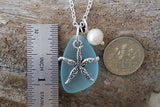 Hawaiian Jewelry Sea Glass Necklace, Starfish Necklace Turquoise Blue Necklace, Pearl Sea Glass Jewelry Birthday Gift (December Birthstone)