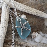 Hawaiian Jewelry Sea Glass Necklace, Starfish Necklace Turquoise Blue Necklace, Pearl Sea Glass Jewelry Birthday Gift (December Birthstone)