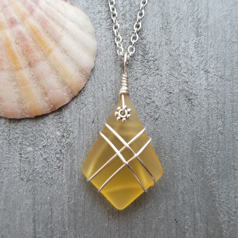 Hawaiian Jewelry Sea Glass Necklace, Wire Cross Necklace Yellow Necklace, Sea Glass Jewelry Birthday Gift (November Birthstone Jewelry Gift)