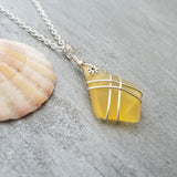 Hawaiian Jewelry Sea Glass Necklace, Wire Cross Necklace Yellow Necklace, Sea Glass Jewelry Birthday Gift (November Birthstone Jewelry Gift)