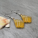 Hawaiian Jewelry Sea Glass Earrings, Wire Cross Yellow Earrings, Beach Sea Glass Jewelry Unique Earrings (November Birthstone Jewelry Gift)