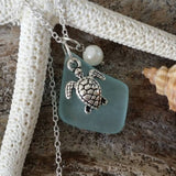 Hawaiian Jewelry Sea Glass Necklace, Seafoam Necklace, Pearl Turtle Necklace, Beach Jewelry Handmade Necklace Sea Glass Jewelry For Women