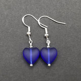 Handmade in Hawaii, Small "Twin Hearts" Cobalt sea glass earrings,  Light Weight Earrings, "September Birthstone", Hawaii Gift Wrapped