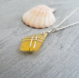 Hawaiian Jewelry Sea Glass Necklace, Wire Cross Necklace Yellow Necklace, Sea Glass Jewelry Birthday Gift (November Birthstone Jewelry Gift)