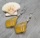 Hawaiian Jewelry Sea Glass Earrings, Wire Cross Yellow Earrings, Beach Sea Glass Jewelry Unique Earrings (November Birthstone Jewelry Gift)