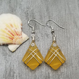 Hawaiian Jewelry Sea Glass Earrings, Wire Cross Yellow Earrings, Beach Sea Glass Jewelry Unique Earrings (November Birthstone Jewelry Gift)