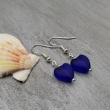 Handmade in Hawaii, Small "Twin Hearts" Cobalt sea glass earrings,  Light Weight Earrings, "September Birthstone", Hawaii Gift Wrapped