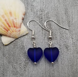 Handmade in Hawaii, Small "Twin Hearts" Cobalt sea glass earrings,  Light Weight Earrings, "September Birthstone", Hawaii Gift Wrapped