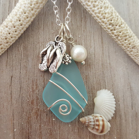 Hawaiian Jewelry Sea Glass Necklace, Wire Turquoise Necklace Blue Necklace, Island-Style Flip Flop Pearl Necklace, (December Birthstone)