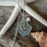 Hawaiian Jewelry Sea Glass Necklace, Seafoam Necklace, Pearl Anchor Necklace, Beach Jewelry Handmade Necklace Sea Glass Jewelry For Women