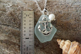 Hawaiian Jewelry Sea Glass Necklace, Seafoam Necklace, Pearl Anchor Necklace, Beach Jewelry Handmade Necklace Sea Glass Jewelry For Women