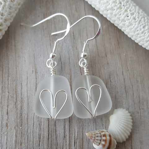 Made in Hawaii, Wire wrapped heart Crystal sea glass earrings,    gift box.beach jewelry,