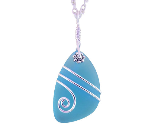 Hawaiian Jewelry Sea Glass Necklace, Wire Turquoise Necklace Blue Necklace, Sea Glass Jewelry For Women Birthday Gift (December Birthstone)