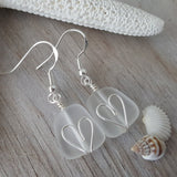 Made in Hawaii, Wire wrapped heart Crystal sea glass earrings,    gift box.beach jewelry,