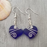 Hawaiian Jewelry Sea Glass Earrings, Wire Cobalt Blue Earrings Heart Earrings, Sea Glass Jewelry Birthday Gift(September Birthstone Jewelry)