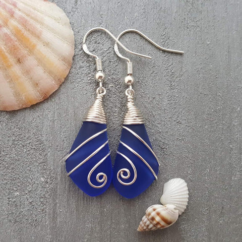 Hawaiian Jewelry Sea Glass Earrings, Wire Cobalt Blue Earrings, Unique Beach Jewelry Birthday Gift For Women (September Birthstone Jewelry)