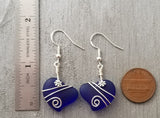 Hawaiian Jewelry Sea Glass Earrings, Wire Cobalt Blue Earrings Heart Earrings, Sea Glass Jewelry Birthday Gift(September Birthstone Jewelry)