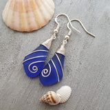 Hawaiian Jewelry Sea Glass Earrings, Wire Cobalt Blue Earrings, Unique Beach Jewelry Birthday Gift For Women (September Birthstone Jewelry)