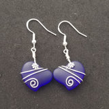 Hawaiian Jewelry Sea Glass Earrings, Wire Cobalt Blue Earrings Heart Earrings, Sea Glass Jewelry Birthday Gift(September Birthstone Jewelry)