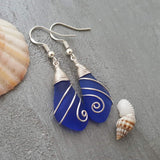 Hawaiian Jewelry Sea Glass Earrings, Wire Cobalt Blue Earrings, Unique Beach Jewelry Birthday Gift For Women (September Birthstone Jewelry)