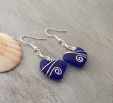 Hawaiian Jewelry Sea Glass Earrings, Wire Cobalt Blue Earrings Heart Earrings, Sea Glass Jewelry Birthday Gift(September Birthstone Jewelry)