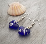 Hawaiian Jewelry Sea Glass Earrings, Wire Cobalt Blue Earrings Heart Earrings, Sea Glass Jewelry Birthday Gift(September Birthstone Jewelry)