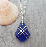 Hawaiian Jewelry Sea Glass Necklace, Wire Cross Necklace Cobalt Blue Necklace, Sea Glass Jewelry Birthday Gifts (September Birthstone Gift)