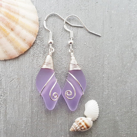 Hawaiian Jewelry Sea Glass Earrings, Wire Wave Purple Earrings, Sea Glass Jewelry Beach Jewelry Birthday Gift (February Birthstone Jewelry)