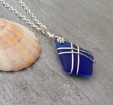 Hawaiian Jewelry Sea Glass Necklace, Wire Cross Necklace Cobalt Blue Necklace, Sea Glass Jewelry Birthday Gifts (September Birthstone Gift)