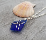 Hawaiian Jewelry Sea Glass Necklace, Wire Cross Necklace Cobalt Blue Necklace, Sea Glass Jewelry Birthday Gifts (September Birthstone Gift)