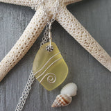 Hawaiian Jewelry Sea Glass Necklace, Wire Yellow Necklace, Sea Glass Jewelry Beach Jewelry Birthday Gift (November Birthstone Jewelry Gift)