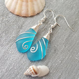 Hawaiian Jewelry Sea Glass Earrings, Wire Turquoise Earrings Blue Earrings, Sea Glass Jewelry Birthday Gift (December Birthstone Jewelry)