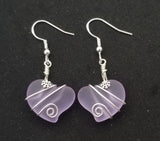 Hawaiian Jewelry Sea Glass Earrings, Wire "Magical Color Changing" Purple Twin Heart Earrings,  Beach Jewelry Gift (February Birthstone)