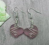 Hawaiian Jewelry Sea Glass Earrings, Wire "Magical Color Changing" Purple Twin Heart Earrings,  Beach Jewelry Gift (February Birthstone)