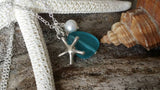 Handmade in Hawaii, Pacific blue blue sea glass necklace, Sea star charm, Natural pearl,   Free gift wrap