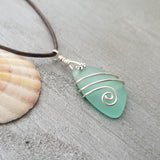 Hawaiian Jewelry Sea Glass Necklace, Wire Aquamarine Necklace Leather Cord Necklace, Sea Glass Jewelry Beach Jewelry (March Birthstone Gift)