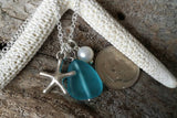 Handmade in Hawaii, Pacific blue blue sea glass necklace, Sea star charm, Natural pearl,   Free gift wrap