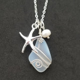 Hawaiian Jewelry Sea Glass Necklace, Wire Moonstone Necklace Starfish Necklace Pearl Necklace, Beach Jewelry For Women (June Birthstone)