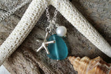 Handmade in Hawaii, Pacific blue blue sea glass necklace, Sea star charm, Natural pearl,   Free gift wrap