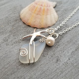 Hawaiian Jewelry Sea Glass Necklace, Wire Moonstone Necklace Starfish Necklace Pearl Necklace, Beach Jewelry For Women (June Birthstone)