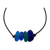 Updated Version with chunkier stones: Handmade in Hawaii, leather cord unisex Quad "Blue Hawaii" sea glass necklace, unisex jewelry